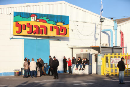 עובדי "פרי הגליל" מחוץ למפעל, אחרי שהוצאו לחופשה כפויה בינואר 2015 (צילום: פלאש90)