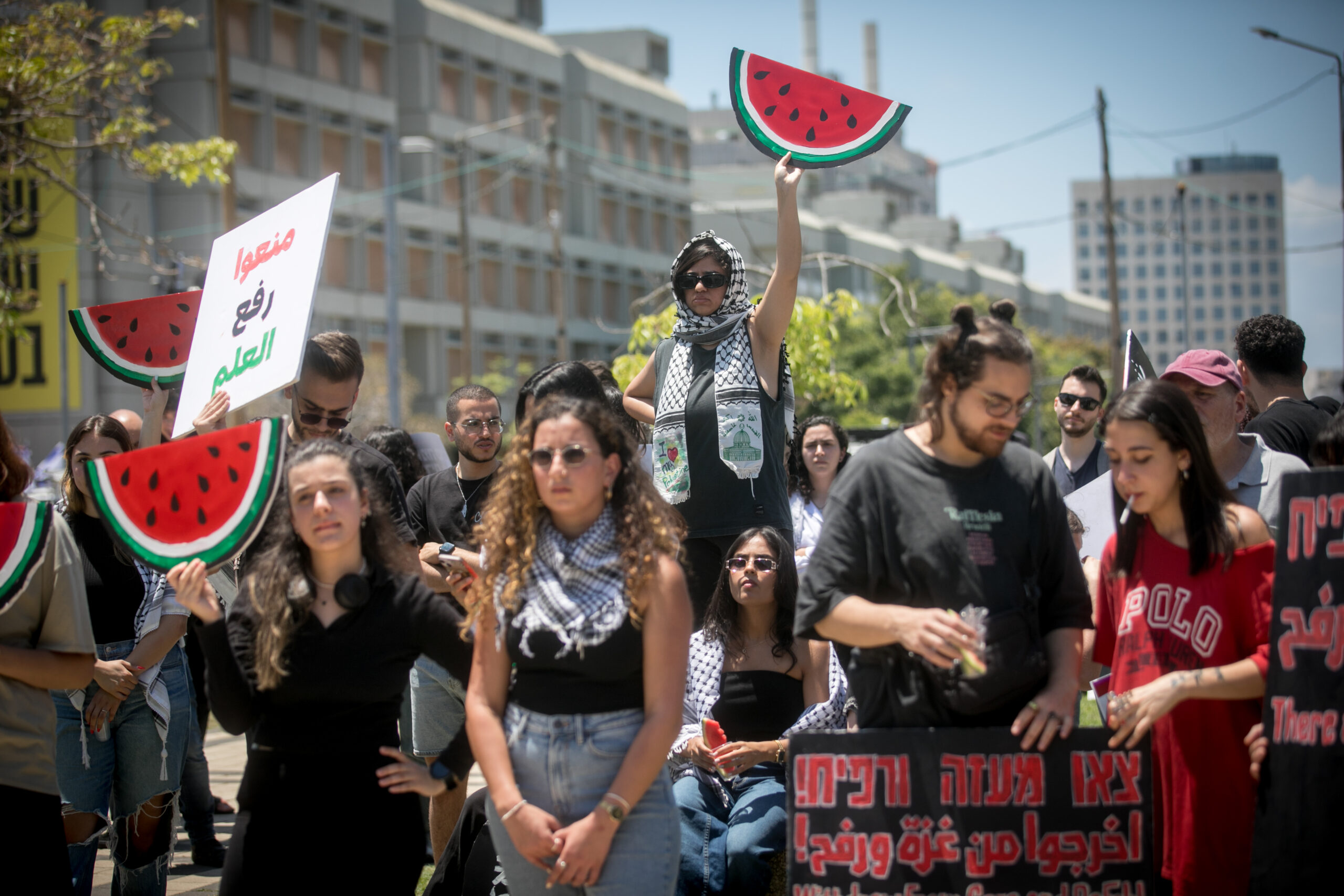 מקום לסטודנטים פלסטינים. הפגנת שמאל באוניברסיטת תל אביב ביום הנכבה, מאי 2024 (צילום: מרים אלסטר / פלאש 90) 